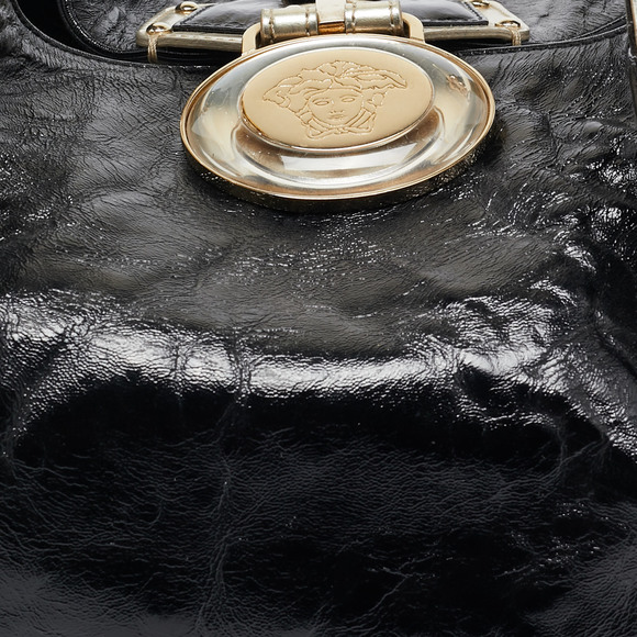 VERSACE Black/Gold Patent Leather Medussa Flap Hobo - Picture 5 of 8